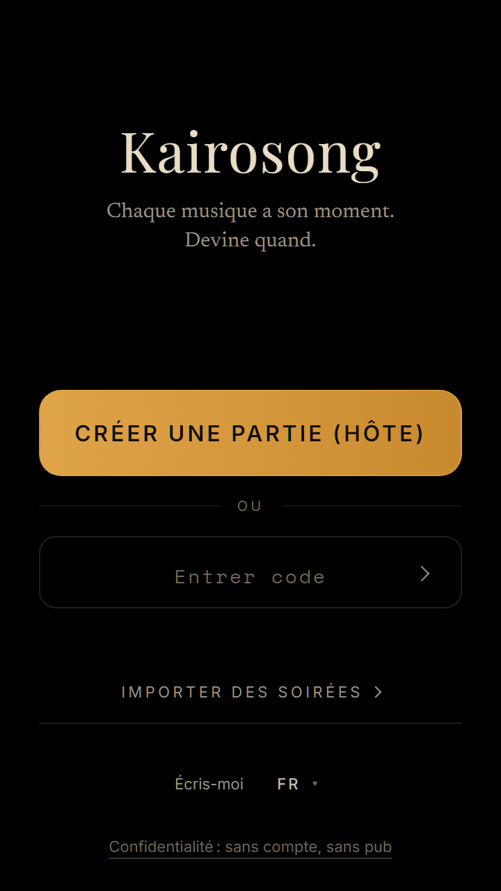 L’accueil de Kairosong : créer une partie ou entrer un code